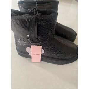 Juicy Couture Oclock Black Solid Sequin‎ Sparkly Short Boot Bootie Fur Women's 6